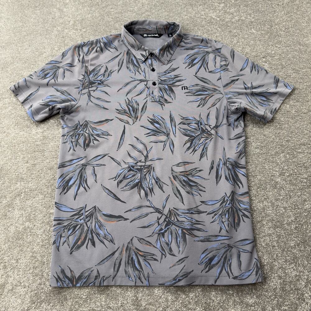 TravisMathew Mens‎ Polo Shirt M Gray Blue Leaf Print Performance Golf Casual